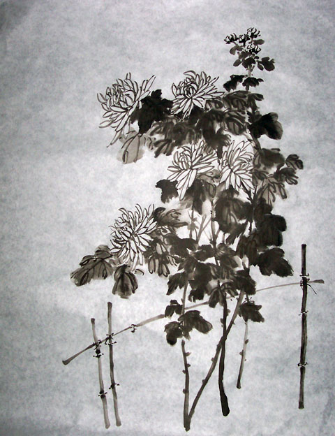 A very unique piece using only black and white Chinese watercolors. "Black and White Flowers"