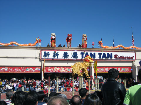 Lion dance performed in front of Tan Tan Restaurant in the heart of Chinatown