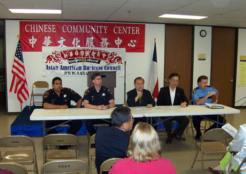 L to R: Harris County Constable Lt. Chaplin, Officer Jason Staton, Kenneth Li, Jackson Cheng, and HPD Capt. Gressner of Westside Command Station