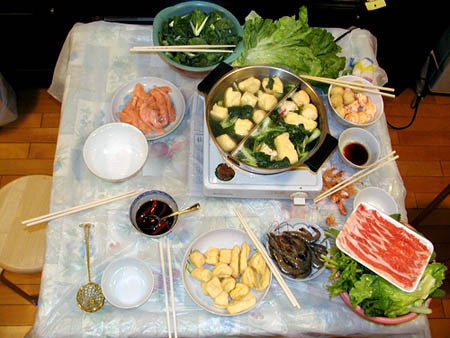 Chinese Hot Pot sample ingredients: beef strips, tofu, lettuce,chicken,shrimp,cuttlefish